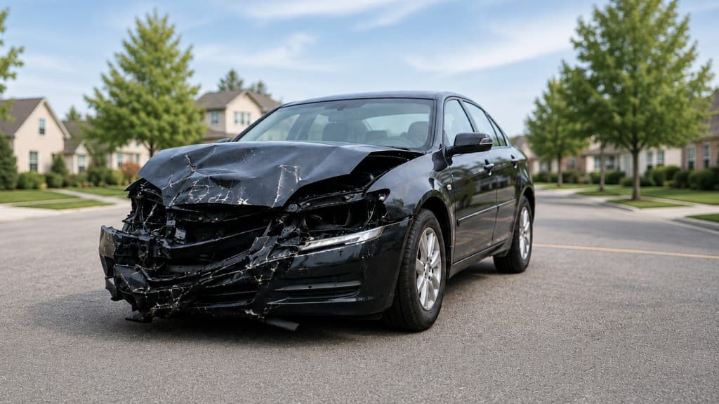 Damaged black sedan with crumpled front end on a residential street